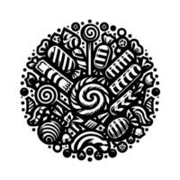 Intricate monochrome illustration of various candies, lollipops, and sweets arranged in a circular, decorative pattern on white background. vector