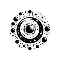 Artistic circular composition in black and white, representing a celestial or astronomical featuring sun, moon, stars, and planets. vector