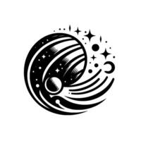 Artistic Black and White Cosmic Illustration A stylized planet with striped pattern and accompanying celestial bodies of stars, circles, and crescent moon. vector