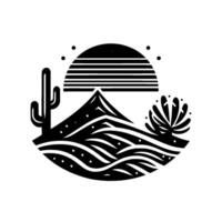 Stylized black and white desert landscape with a mountain, cacti, sun, and flowing desert dunes, in a minimalist artistic circle. vector