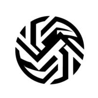 A geometric black and white composed of interwoven, layered ribbons or bands within a perfect circle, with a minimalist and modern aesthetic. vector
