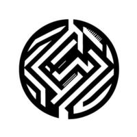 A geometric, modern, and stylized circular labyrinth composed of bold black lines and geometric shapes on a stark white background, inviting exploration. vector