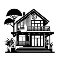 Modern Black and White TwoStory House Illustration with Balcony, Windows, Trees, and Plants, in Flat . vector