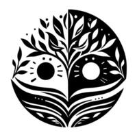 YinYang Tree of Life A symmetrical black and white illustration depicting balance, with suns, leaves, and roots harmoniously intertwined within a circle. vector
