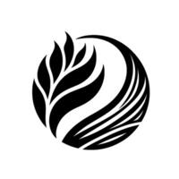 Abstract Black White Emblem Leafy Branch and Curved Stripes Within a Circle, Minimalist . vector