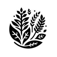 Circular Black and White Botanical A Stylized Arrangement of Leaves, Wheat, and Small Elements, Forming a Unified Natural Emblem. vector
