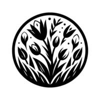 Elegant Black and White Floral Medallion Stylized Tulip Arrangement Within a Circular Frame, Decorative , Minimalist vector