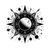 Intricate Black and White Celestial Featuring Moon, Stars, Arrows, and Geometric Elements. A Mystical Aesthetic. vector