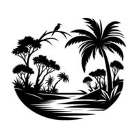 Silhouette Landscape Tropical scene inside a circle, featuring palm trees, a bird on a branch, river, and stylized mountains. vector