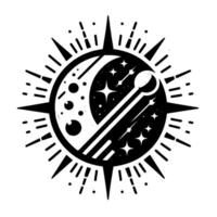 Stylized Celestial Emblem Crescent Moon, Stars, Comet, and Sunburst Radial in Monochrome, evoking mystery, exploration, and cosmic wonder. vector