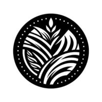 Abstract Black and White Circular Depicting Stylized Leaves and Wavy Lines Surrounded by a Dotted Border. vector