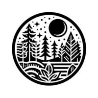 Black and White Circular Illustration of a Forest at Night, featuring Trees, Stars, Crescent Moon, and Decorative Foliage, creating a peaceful and serene scene. vector