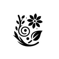 Monochromatic Floral Arrangement a symmetrical, stylized of a flower, leaves, and a swirl on white background. vector