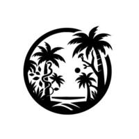 Symbolic Tropical Scene Lush Palm Trees, SnakeEntwined Plant, Set Inside a Circular Frame, Featuring a Peaceful Silhouette. vector