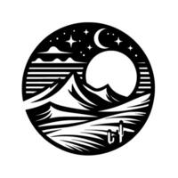 Black and white circular of desert landscape with mountains, moon, stars, and cactus. vector
