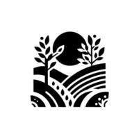 Minimalist Black and White Landscape Rolling Hills, Trees, and Full Moon in a Square Composition. vector