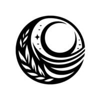 Abstract Black and White Circular with Crescent Moon, Star, and Leaf Elements for a Symbol. vector