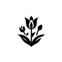 A minimalist black and white floral illustration featuring a stylized tulip with surrounding buds and leaves against a clean white backdrop, evoking simplicity and elegance. vector