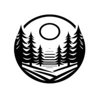 Silhouette landscape within a circle, featuring fir trees, a sun, a set of stairs, and fields, all in black on a white background. vector