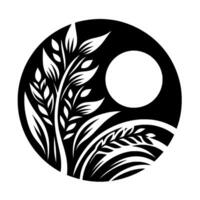 YinYang style black and white of leaves and flora with a full moon in a circular composition, minimalist art. vector