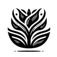 Stylized Black and White Floral with Symmetrical Leaves and Circular Base on a White Background. vector