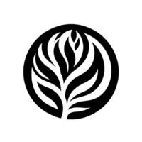 Monochrome, stylized leaf encompassed by a thick black circular border, evoking nature in a modern minimalist aesthetic. vector
