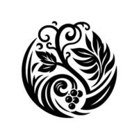 A stylized black and white circular , featuring a vine with leaves, tendrils, and grapes, set against a clean white background. vector