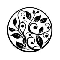 Elegant, circular black and white illustration of stylized floral elements and foliage, arranged within a decorative border, evoking symmetry and balance. vector
