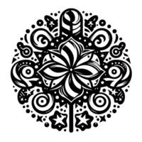 Intricate Black and White Mandala Featuring Floral Elements, Swirls, Stars, and Dots in Symmetrical Arrangement on White Background. vector