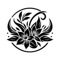 Black and white floral crest featuring stylized lilies and foliage encircled by a circular frame with decorative elements. vector