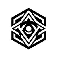 Geometric Black and White Hexagon Detailed Symmetric Featuring a Central Eye and Crescent Motif on White Background. vector