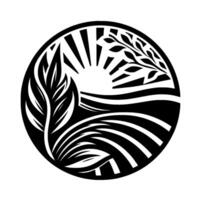 A black and white circular nature illustration of a sunrise over fields and leaves, creating a silhouette effect. vector