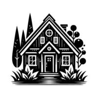 Monochromatic Illustration of a Charming Cottage with Geometric Details, Surrounded by Nature, and Stylized Trees vector