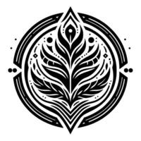 Symmetrical Black and White Illustration of a stylized floral emblem, enclosed in a layered circular frame, with decorative details. vector