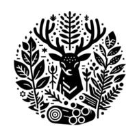 Stylized Black and White Circular Composition Featuring a Reindeer Surrounded by Decorative Foliage and Geometric Elements. vector