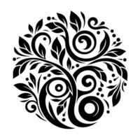 Symmetrical Black and White Floral in a Circular Composition, Featuring Leaves, Swirls, and Berries, Against a Clean White Background. vector