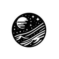 A stylized black and white circular illustration featuring a moon, stars, and ocean waves, evoking a sense of serene space. vector
