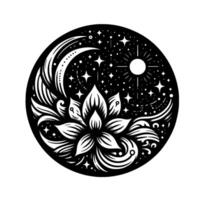 Celestial Lotus Mandala A symmetrical black and white featuring a lotus flower, crescent moon, stars, and sun within a circular frame. vector