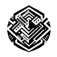 Geometric Black White Labyrinthine Inside a Rounded Hexagon, with Dots and Lines, Appearing Abstract and Modern. vector