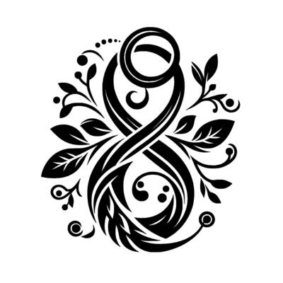 Elegant Black White Floral Infinity Symbol with Leafy Embellishments and Ornate elements, Symbolizing Growth and Harmony