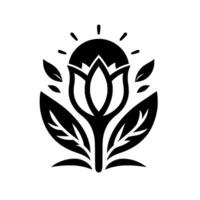 Monochromatic floral emblem featuring a stylized open flower, sun, and leaves, symbolizing growth and nature, on a white background. vector