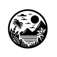 Silhouette of tropical island scene within a circle, featuring palm trees, mountains, sun, clouds, birds, and ocean, creating a simple yet vibrant . vector