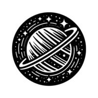 Abstract Black and White Illustration of a Ringed Planet, Surrounded by Stars and Cosmic Elements, Isolated on a White Background vector