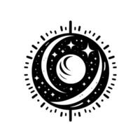 Celestial Black and White Moon, Stars, and Cosmic Elements within a Circular, TimeKeeping . vector