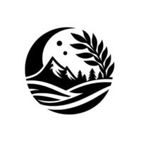 Minimalist Black and White Circular Landscape Mountains Under a Crescent Moon with Tree and Fir Trees vector