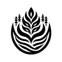 Symmetrical Black and White Emblem Featuring a Central Leaf Surrounded by Curvilinear Shapes and Accented with Forest Trees vector
