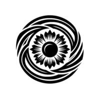 Black and White Circular Mandala with a Floral Center and Swirling, Abstract Outer Elements. vector