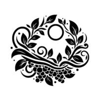 Elegant, Black and White Circular Floral Featuring Grape Cluster, Leaves, Swirls, and a Central Circle, Minimalist and Artistic. vector