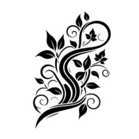 Elegant Black and White Botanical Illustration Intricate Vine with Leaves and Swirls, Minimalist , Isolated on Textured White Background. vector