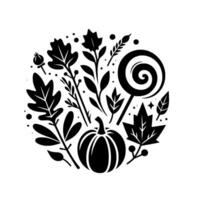 Circular Minimalist Autumn Composition Pumpkin, Leaves, Lollipop, Berries, and Foliage in Monochrome, Perfect for Fall Designs. vector
